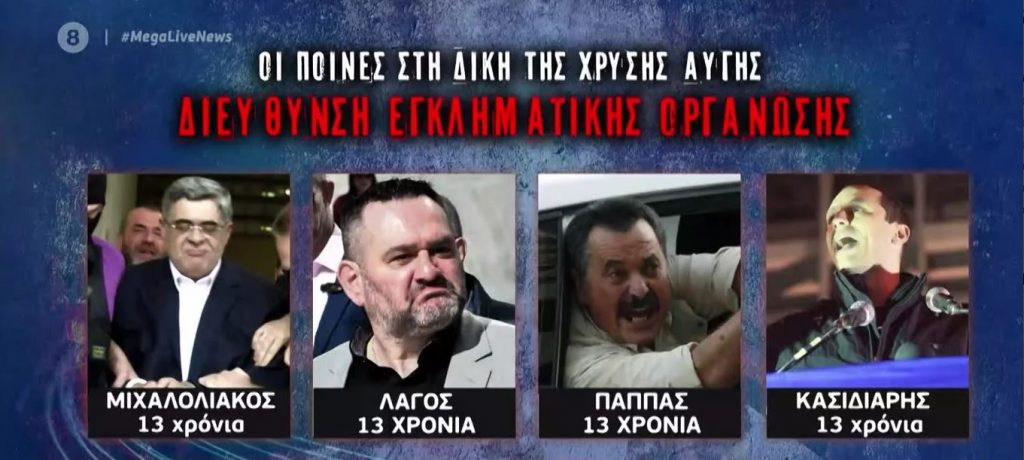 Χρυσή Αυγή : 13 χρόνια και 6 μήνες η τελική ποινή του Μιχαλολιάκου – Πόσο θα φυλακιστούν οι υπόλοιποι